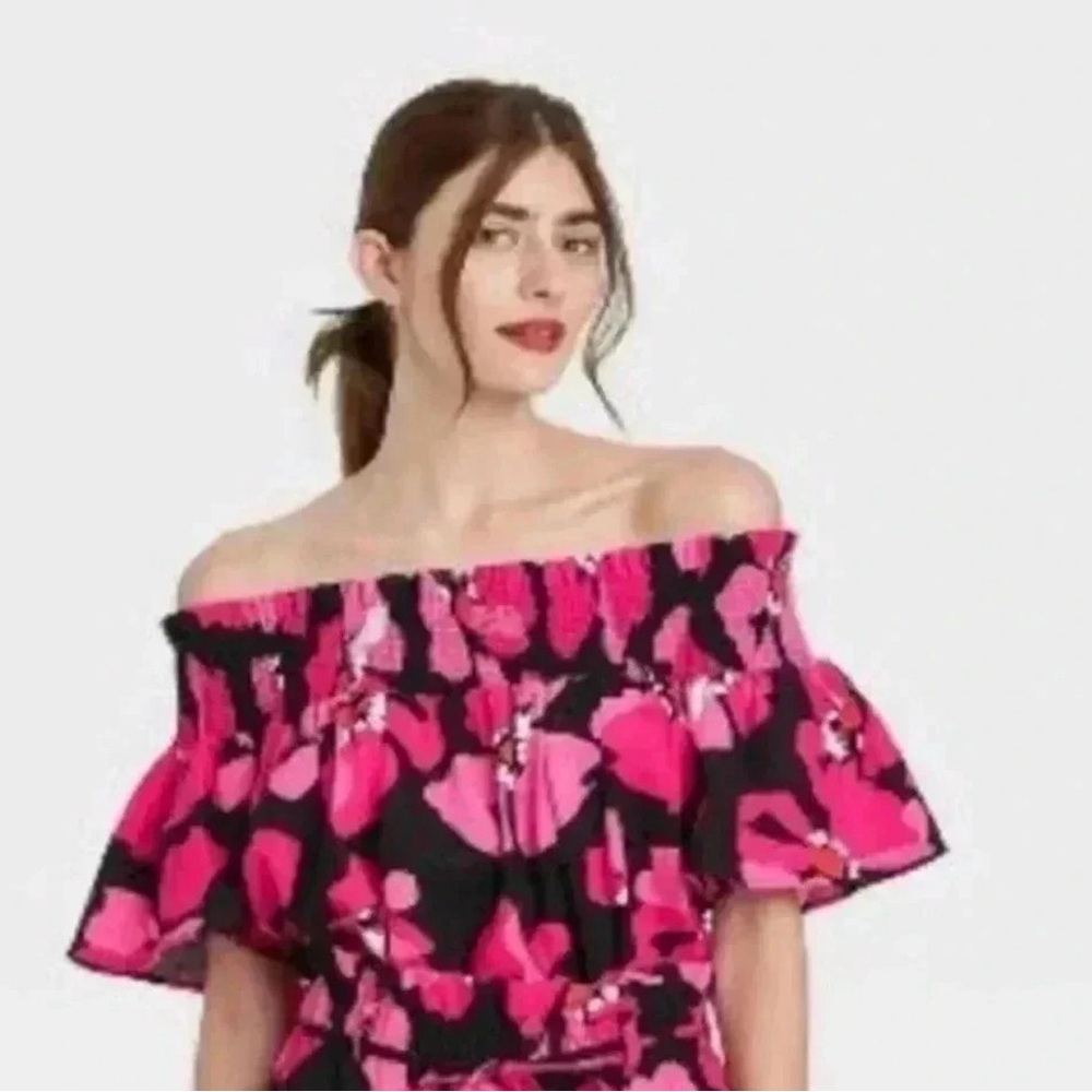 Who What Wear Off-Shoulder Floral Ruffle Top - Pink/Black